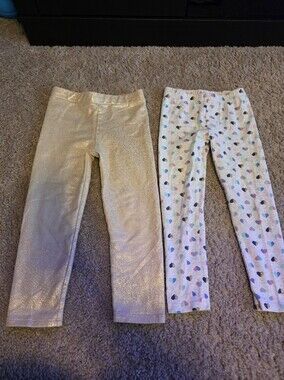 Girls' Glittery Cream Leggings and Heart-Print White Leggings - Kids Bottoms